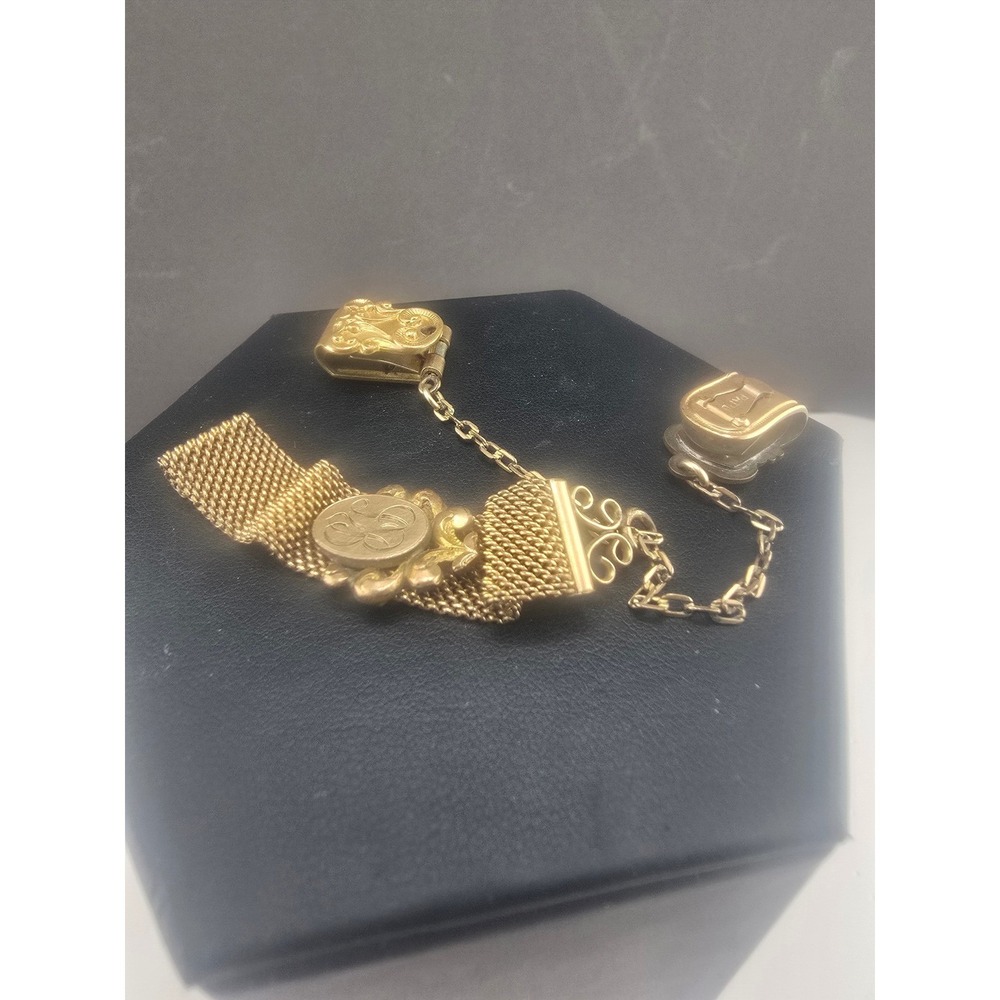 Vintage Estate Watch Fob Gold Tone Mesh Scrollwork Monogram Safety Chain